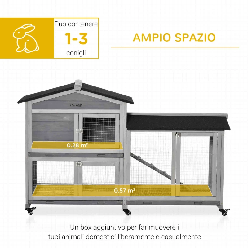 PawHut Conigliera a 2 Livelli con Rete Protettiva e Rotelle in Legno e Metallo, 157.4x53x99.5 cm, Grigio