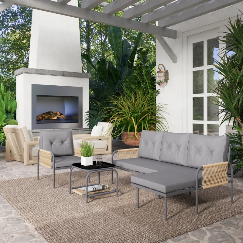 Outsunny Salotto da Giardino 4 Pezzi in Rattan con Divano, Chaise Longue, Poltrona e Tavolino con Cuscini, Grigio