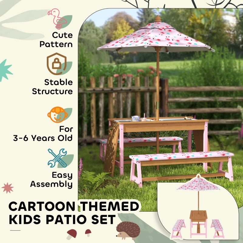 AIYAPLAY Kids Picnic Table Set with Removable & Foldable Umbrella, Cushions, Storage Boxes, Flamingo Theme, Pink
