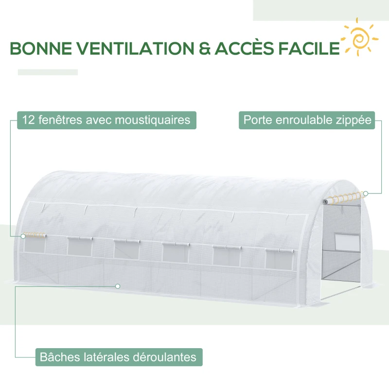 Outsunny Serre de jardin 18 m² dim. 6L x 3l x 2H m avec porte + parois latérales zippées enroulables, 12 fenêtres, acier PE haute densité 140 g/m² Anti-UV blanc
