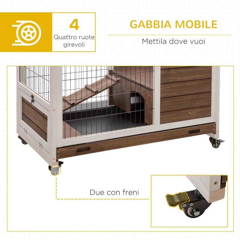 PawHut Conigliera in Legno con 4 Ruote, Casetta per Conigli e Rampa, 90x53x59cm, Marrone