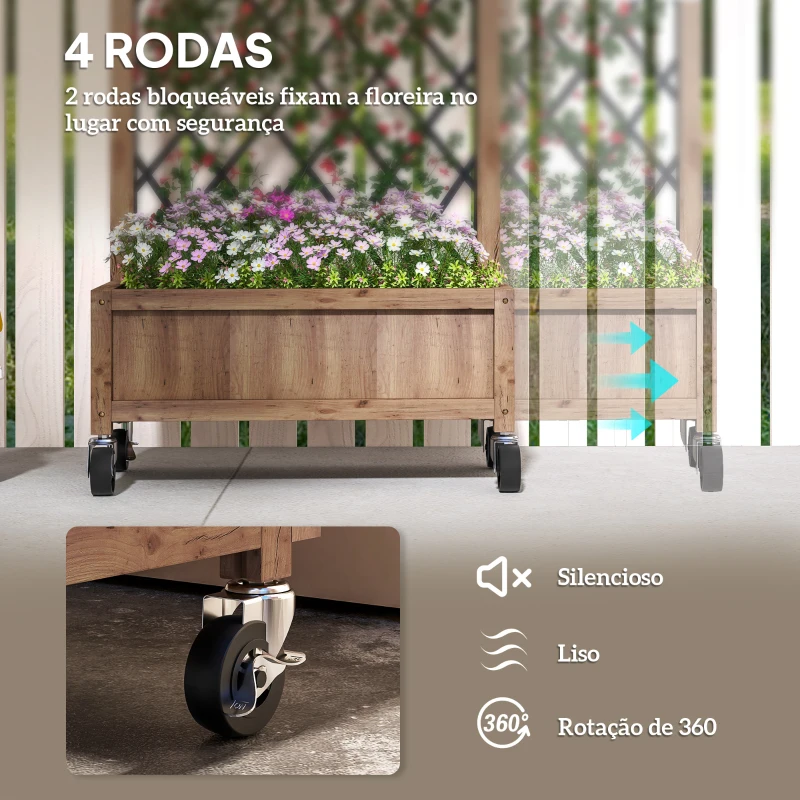 Outsunny Conjunto de 2 Jardineiras de Exterior Jardineiras com Treliça Metálica para Plantas Trepadeiras Vasos com Rodas para Jardim Pátio 52x25x97 cm Madeira