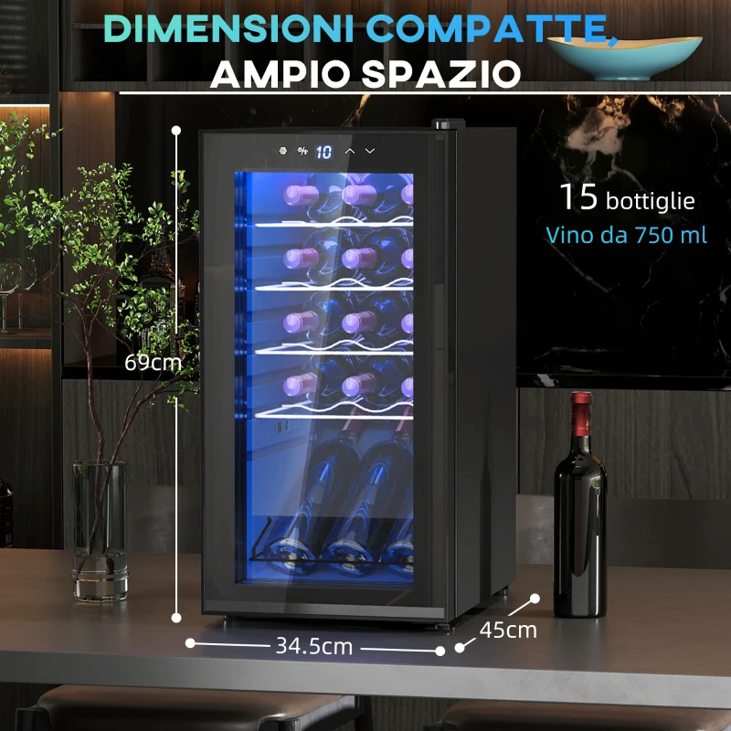 HOMCOM Cantinetta Vino Frigo per 15 Bottiglie, Capacità 44L, con Controllo Temperatura e Ripiani Regolabili, Nero
