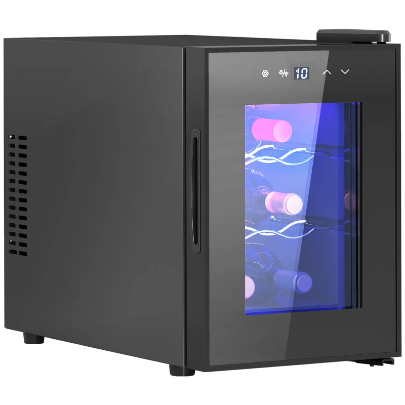 HOMCOM Cave de Vinho para 6 Garrafas com Luz LED Ecrã Tátil Controlo de Temperatura e 2 Prateleiras Ajustáveis 26,5x51,5x39,3 cm Preto
