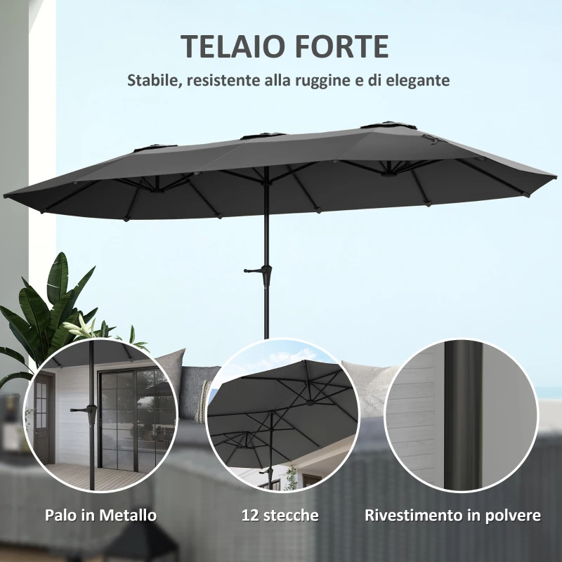 Outsunny Ombrellone Doppio con Prese d'Aria e Manovella, in Metallo e Poliestere, 4x2.2x2.34 m, Nero e Grigio Scuro