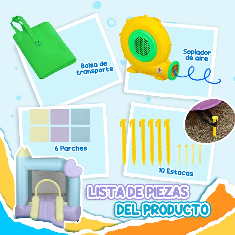 AIYAPLAY Castillo Hinchable con Tobogán Inflador y Bolsa de Transporte Estacas y Parches de Reparación Diseño Multicolor