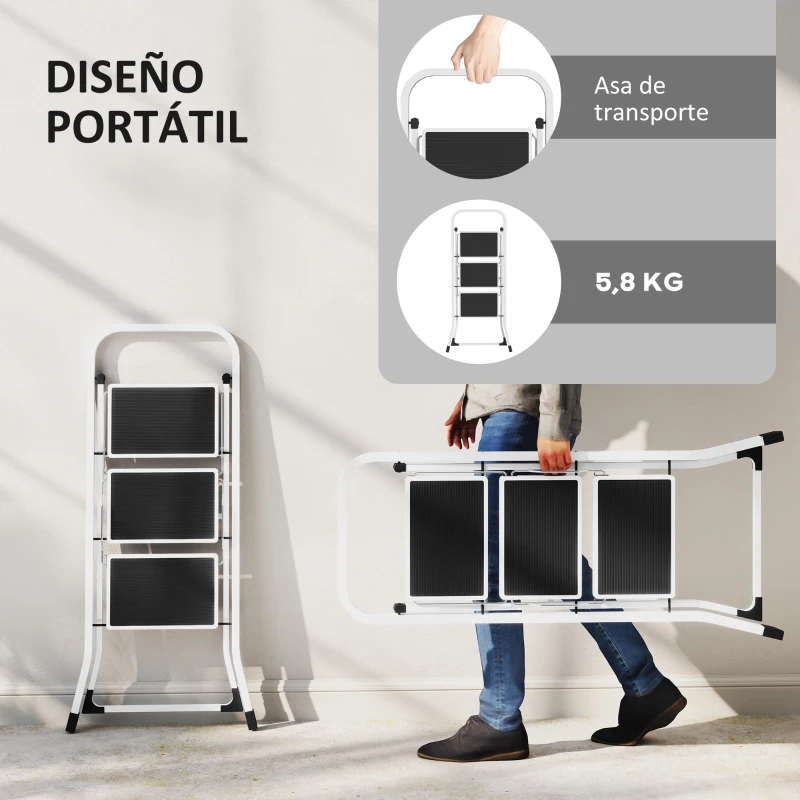 HOMCOM Escalera Plegable de 3 Peldaños 71x46,5x105,3 cm con Superficie Antideslizante Asa de Transporte y Carga Máxima 150 kg