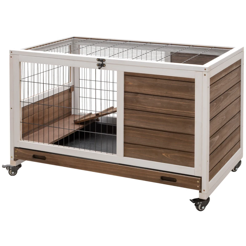 PawHut Conigliera in Legno con 4 Ruote, Casetta per Conigli e Rampa, 90x53x59cm, Marrone