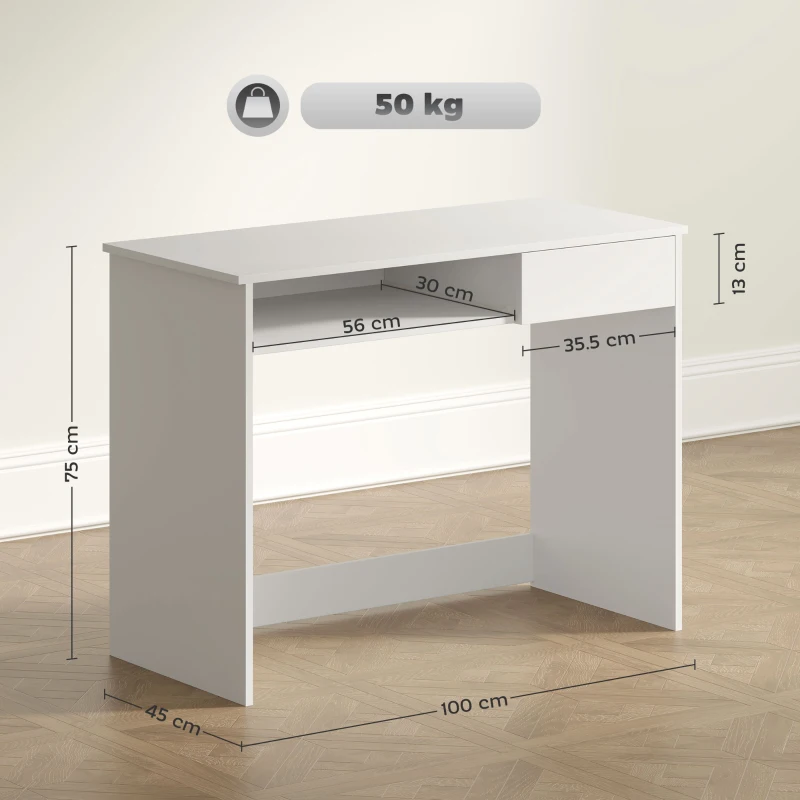HOMCOM 100cm Compact Computer Desk with Keyboard Tray, Home Office Desk with Drawer for Bedroom Study, White