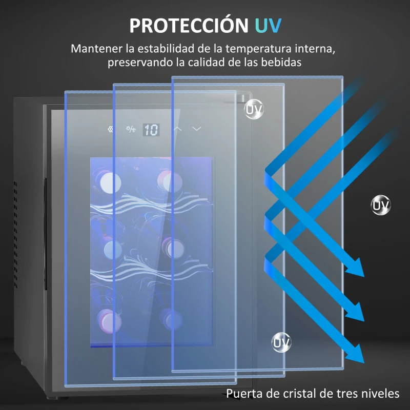 HOMCOM Nevera Vinos 6 Botellas 17L con Luz LED Interior Pantalla Táctil y Temperatura Regulable Negro