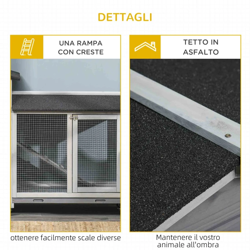 PawHut Conigliera a 2 Livelli con Rete Protettiva e Rotelle in Legno e Metallo, 157.4x53x99.5 cm, Grigio