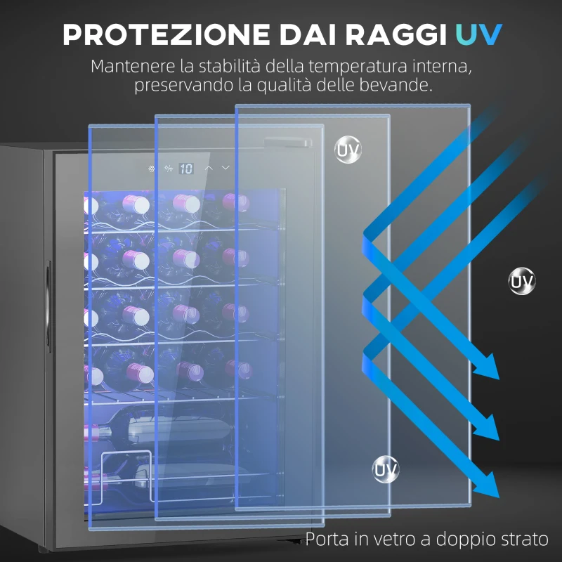 HOMCOM Cantinetta Vino Refrigerata per 20 Bottiglie, Capacità 53L, Porta in Vetro Anti-UV e Ripiani Regolabili, Nero