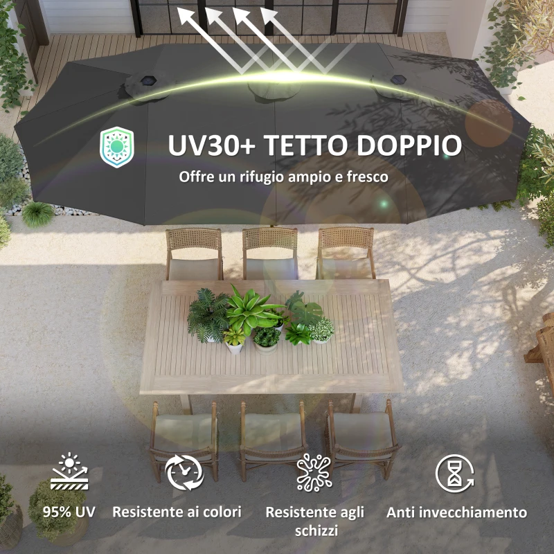 Outsunny Ombrellone Doppio con Prese d'Aria e Manovella, in Metallo e Poliestere, 4x2.2x2.34 m, Nero e Grigio Scuro