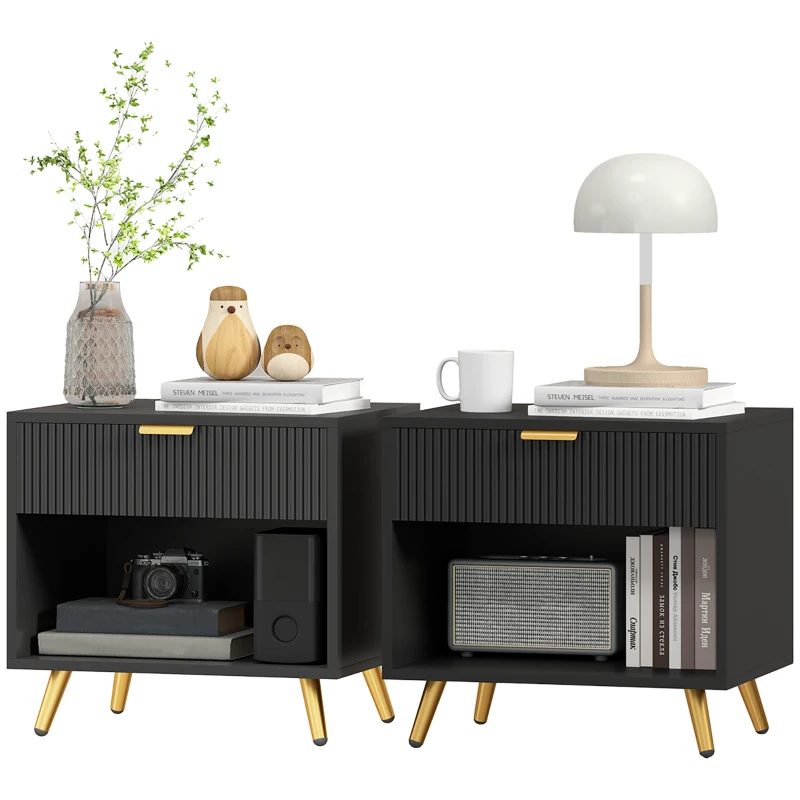 HOMCOM Elegant Bedside Table Set of 2, with Drawer and Shelf - Black/Gold Tone