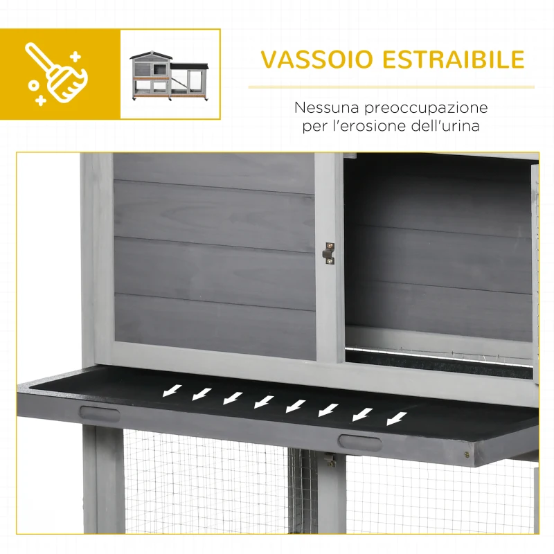 PawHut Conigliera a 2 Livelli con Rete Protettiva e Rotelle in Legno e Metallo, 157.4x53x99.5 cm, Grigio