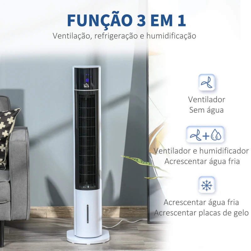 HOMCOM Ventoinha de Coluna Oscilante Humidificador com Controle Remoto Tela LED 3 Velocidades 3 Modos e Temporizador 12h 33x26x105cm Branco e Preto