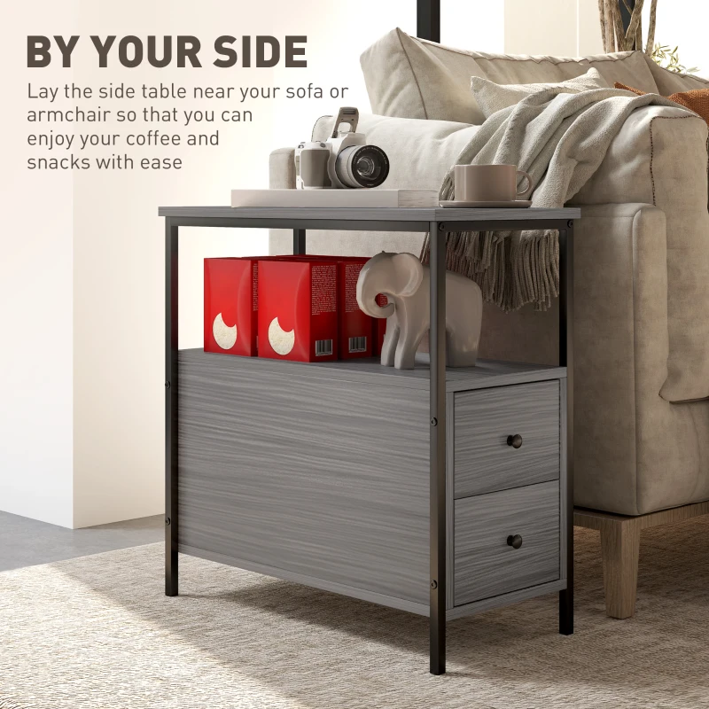 HOMCOM Side Table, Narrow Bedside Table with 2 Drawers and Storage Shelf, Industrial End Table with Metal Frame for Small Spaces, Grey Wood Grain