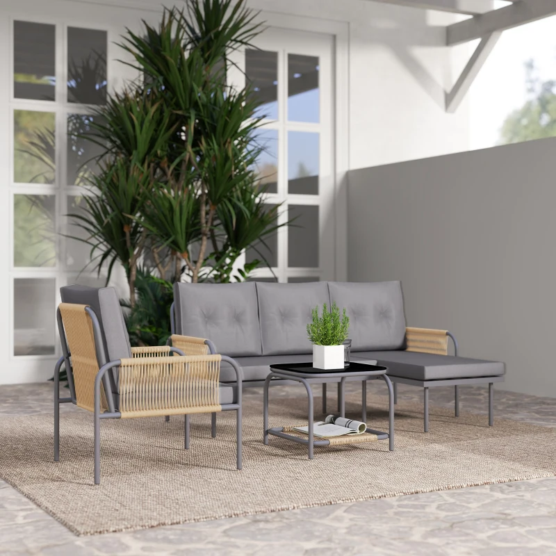 Outsunny Salotto da Giardino 4 Pezzi in Rattan con Divano, Chaise Longue, Poltrona e Tavolino con Cuscini, Grigio