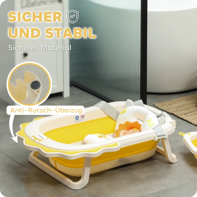 AIYAPLAY Babybadewanne mit Waschbecken, faltbar, rutschfester Boden, komfortables Badekissen, Gelb