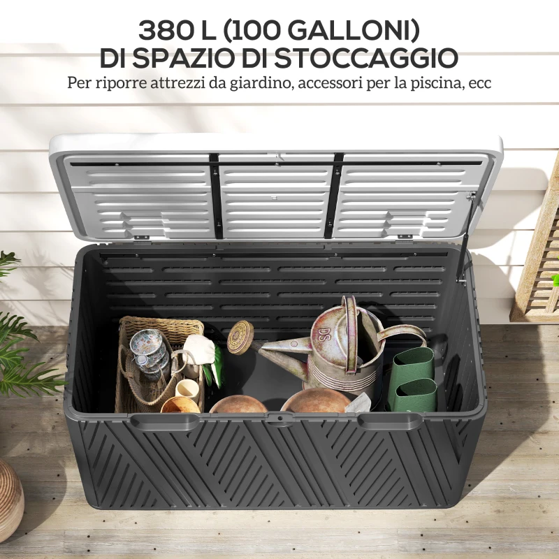 Outsunny Panca Contenitore 380L in HDPE con 2 Maniglie Laterali e Leva a Gas, 115x60x60 cm, Nero e Grigio