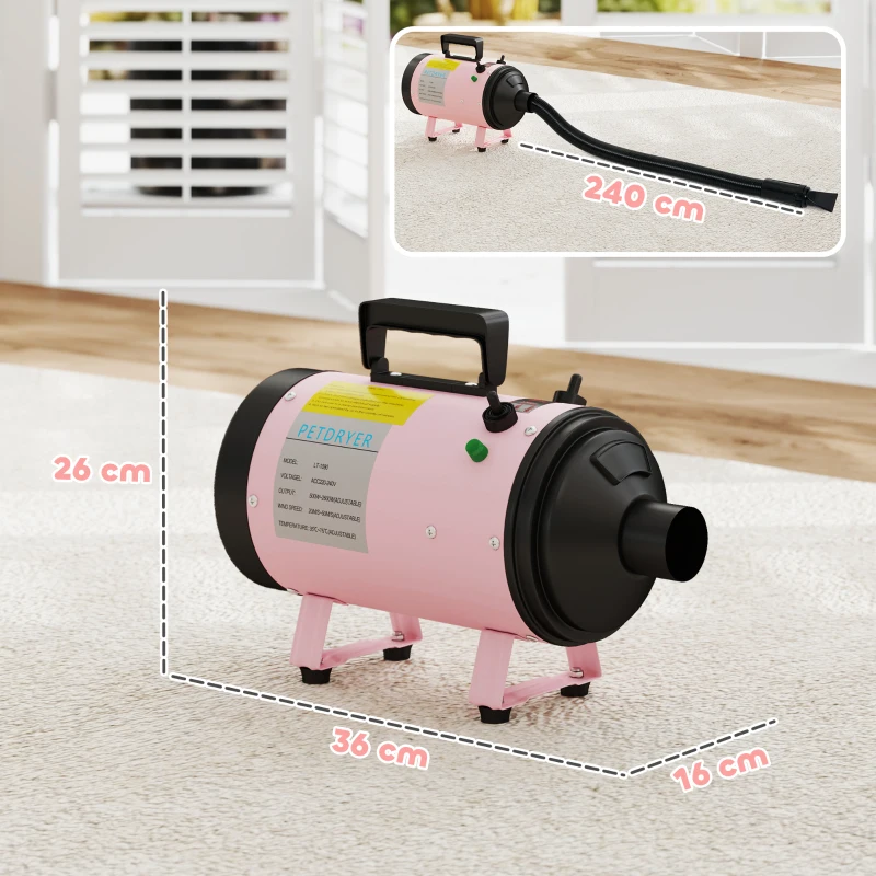 PawHut 2200W Dog Hair Dryer with Adjustable Temperature & Velocity, 3 Different Nozzles, Pink