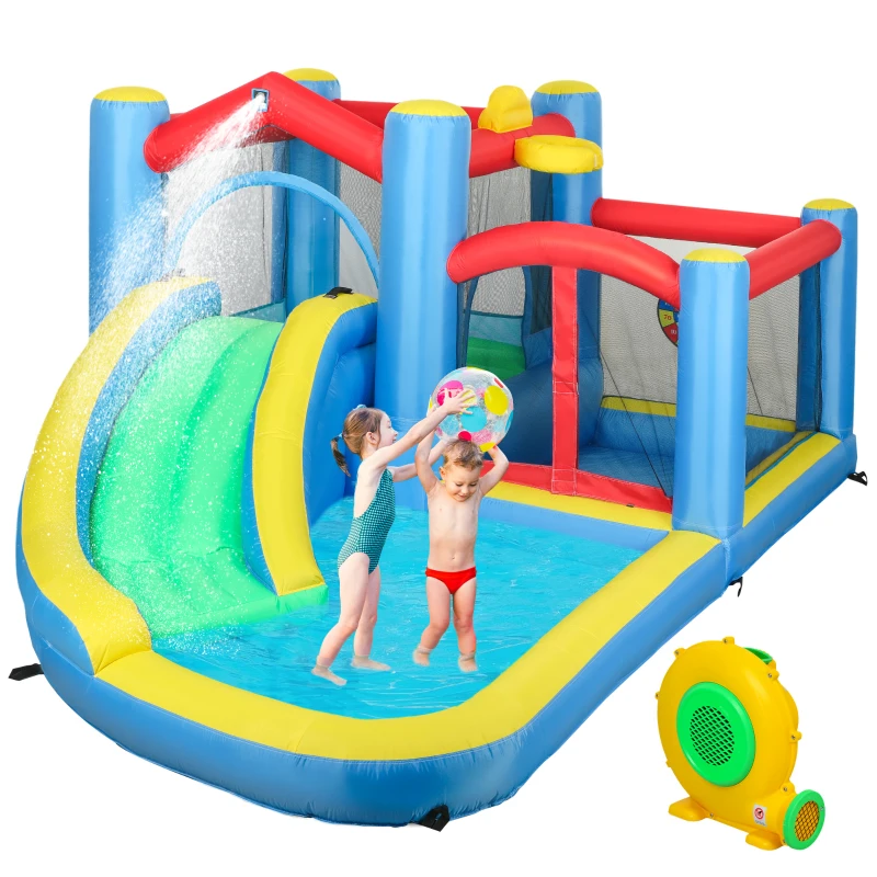 AIYAPLAY Castillo Hinchable 5 en 1 con Tobogán Piscinas y Canasta Incluye Inflador y Bolsa de Transporte 385x290x180cm Multicolor
