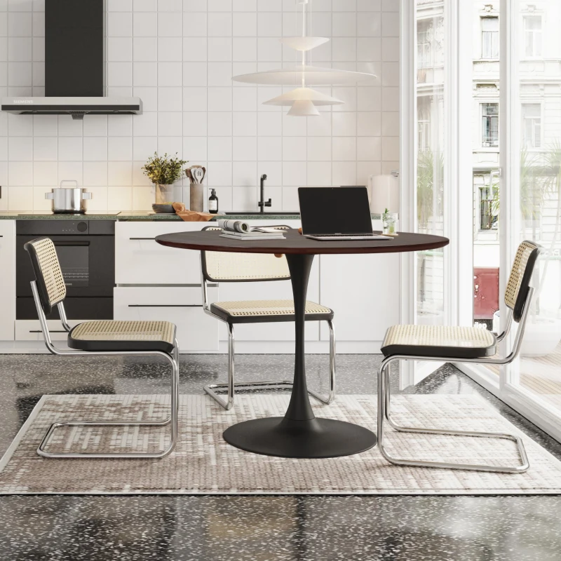 Moderner runder Esstisch, Vier Patchwork-Tischplatten, Metallbasis, 120×120×75 cm, Braun