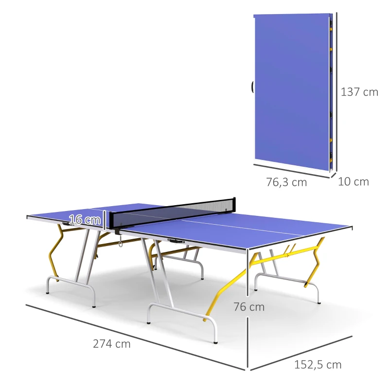 SPORTNOW Mesa de Ping-Pong Dobrável com Rede Apoio para os Pés Ajustáveis e Estrutura de Aço para Interior e Exterior 274x152,5x76 cm Azul