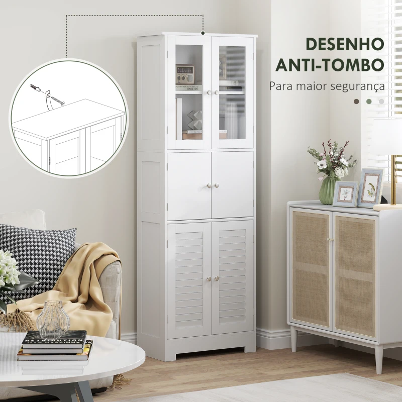 HOMCOM Coluna de Casa de Banho Móvel Auxiliar para Casa de Banho com 6 Portas Prateleiras Ajustáveis Anti-tombo 60x30x170,5 cm Branco