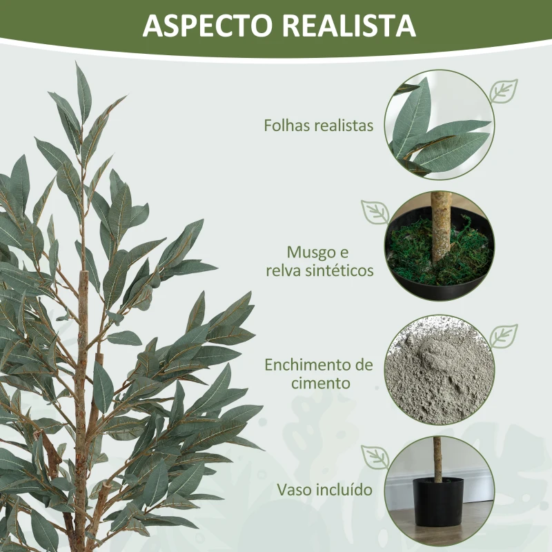 HOMCOM Planta Artificial de Louro 150 cm Planta Artificial Decorativa Grande Decoração para Casa Escritório Varanda Quarto Verde