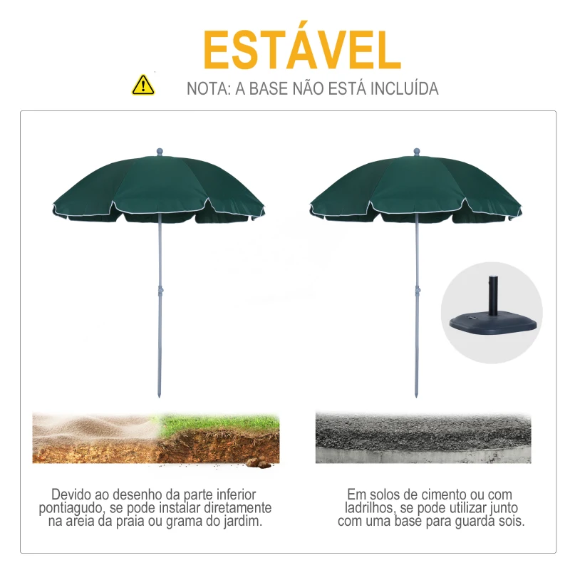 Outsunny Guarda-sol de praia Ø200 cm de diâmetro Telhado Inclinado Poste Destacável e pico inferior Verde