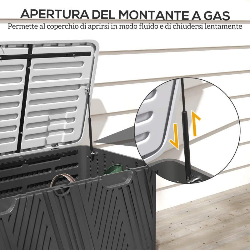 Outsunny Panca Contenitore 380L in HDPE con 2 Maniglie Laterali e Leva a Gas, 115x60x60 cm, Nero e Grigio
