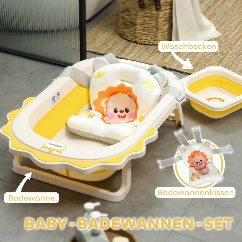 AIYAPLAY Babybadewanne mit Waschbecken, faltbar, rutschfester Boden, komfortables Badekissen, Gelb