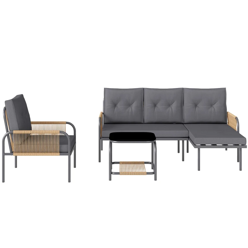 Outsunny Salotto da Giardino 4 Pezzi in Rattan con Divano, Chaise Longue, Poltrona e Tavolino con Cuscini, Grigio