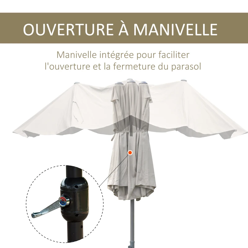Outsunny Parasol de jardin XXL avec pied en croix parasol grande taille 4,6L x 2,7l x 2,4H cm ouverture fermeture manivelle acier polyester haute densité café
