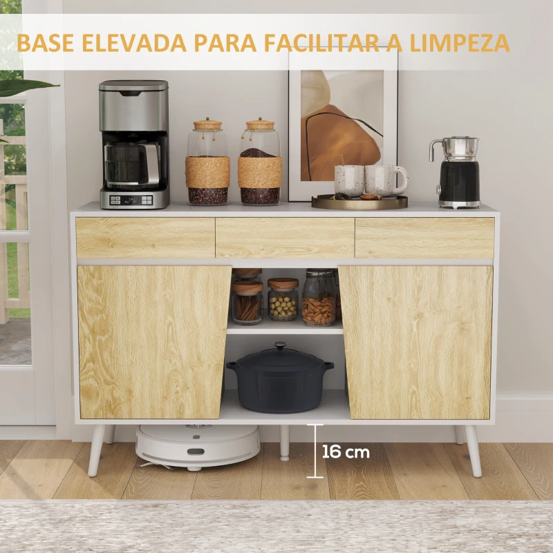 HOMCOM Aparador de Sala de Estar com 3 Gavetas Prateleiras Móvel para TV para Dormitório Sala de Estar 120x39x77 cm Branco e Madeira