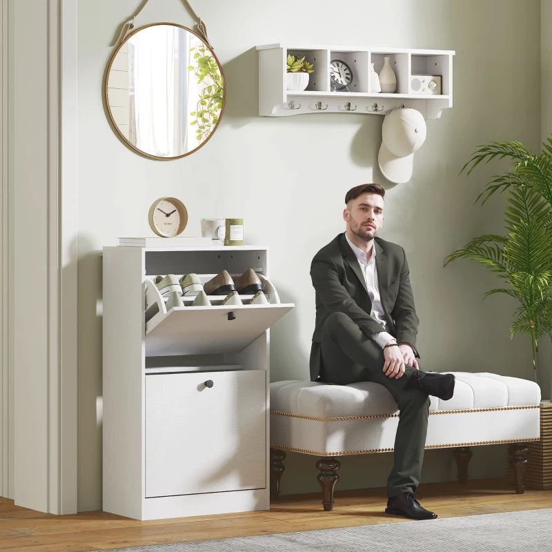 HOMCOM Sapateira Estreita Móvel Sapateira com 2 Gavetas Abatíveis e Prateleiras Ajustáveis para 8 Pares de Sapatos 47x26x85 cm Branco