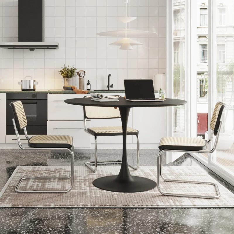 Moderner Runder Esstisch, Vier Patchwork-Tischplatten, Metallbasis, 120×120×75 cm, Schwarz