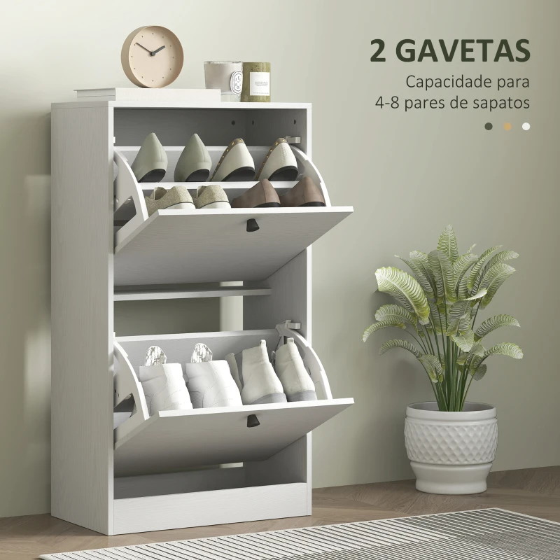HOMCOM Sapateira Estreita Móvel Sapateira com 2 Gavetas Abatíveis e Prateleiras Ajustáveis para 8 Pares de Sapatos 47x26x85 cm Branco