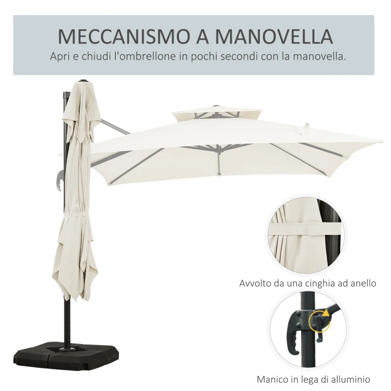 Outsunny Ombrellone a Sbalzo a Doppia Copertura con Manovella, Base a Croce e Pesi, 268x268x265 cm, Beige