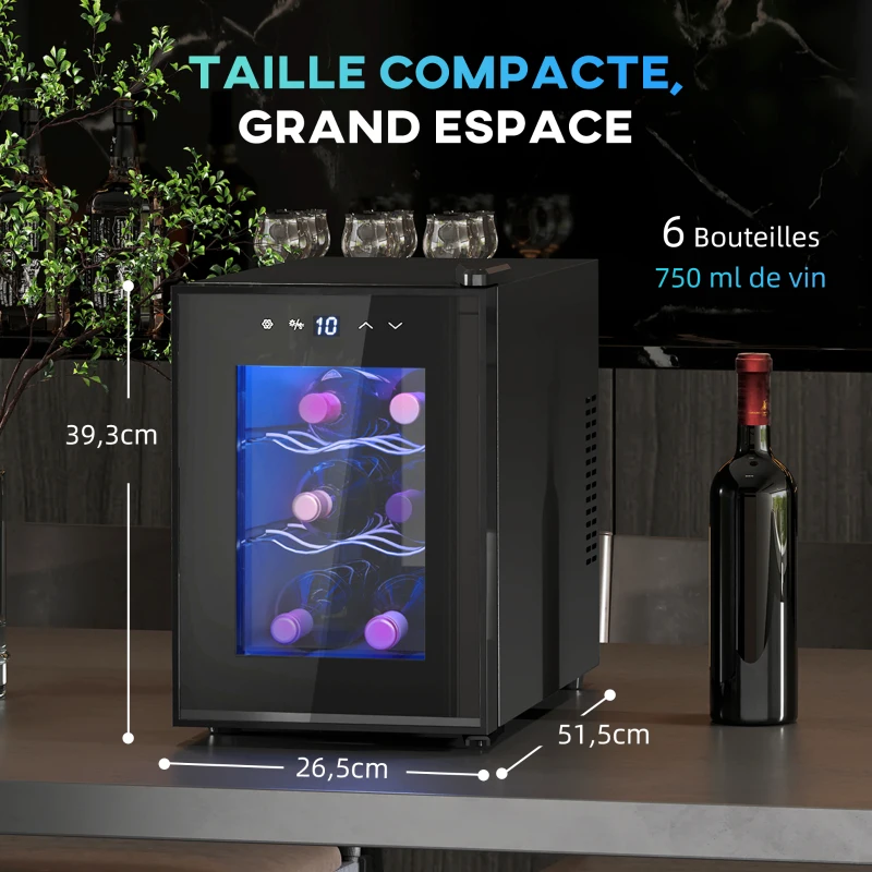 HOMCOM Cave à vin 6 bouteilles 17L haute performance température réglable 8-18° avec lumière LED panneau contrôle tactile noir