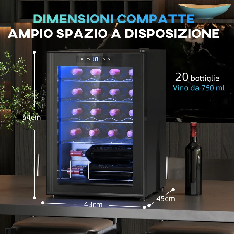 HOMCOM Cantinetta Vino Refrigerata per 20 Bottiglie, Capacità 53L, Porta in Vetro Anti-UV e Ripiani Regolabili, Nero