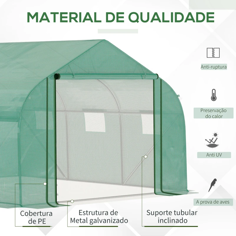 Outsunny Estufa de Túnel 3,5x3x2m Estufa de Jardim com Porta e 6 Janelas Enroláveis de Polietileno Metal Galvanizado para Cultivos de Plantas Flores Verde