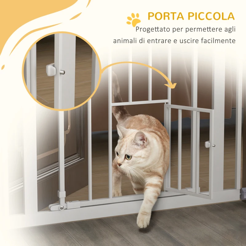 PawHut Cancellino per Cani Regolabile Alto con Porta Piccola e Chiusura Automatica, 74-80x104cm, Bianco
