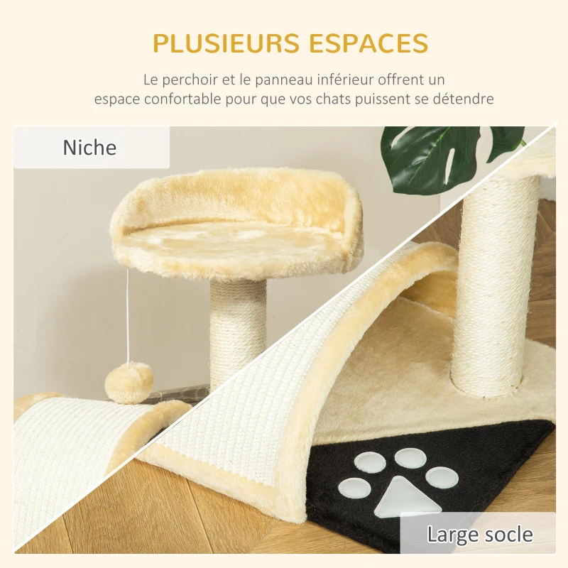 PawHut Arbre à chat griffoir grattoir design jeu boule suspendue + plateforme peluche sisal naturel beige
