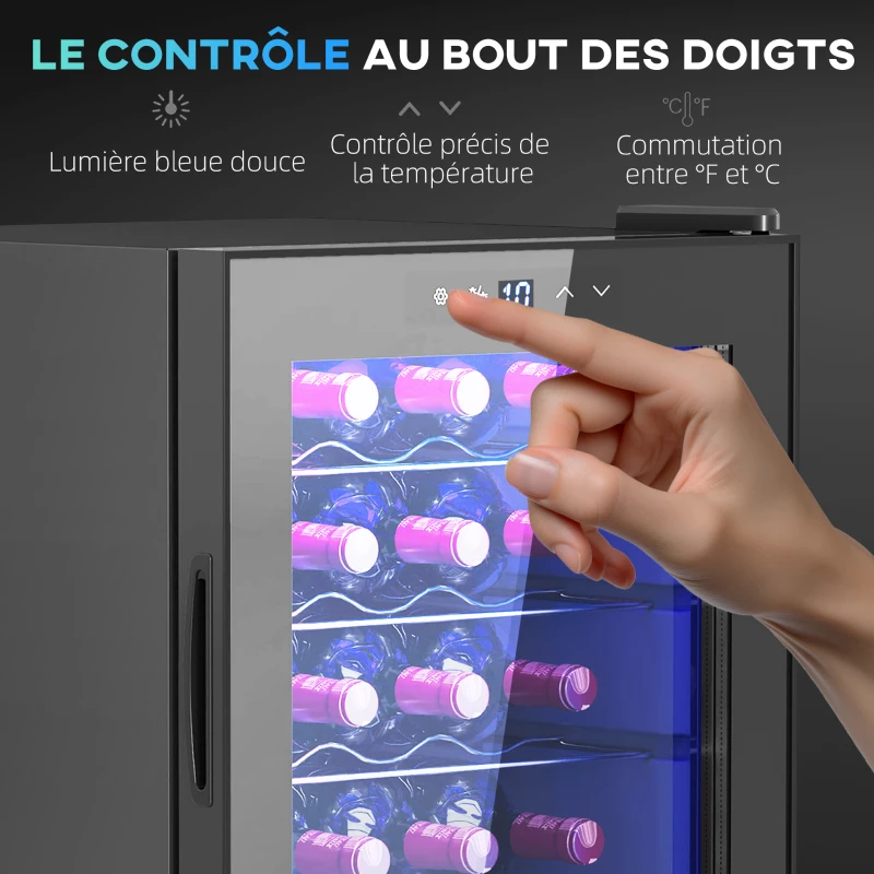 HOMCOM Cave à vin 20 bouteilles 53L haute performance température réglable 5-18° avec lumière LED, noir