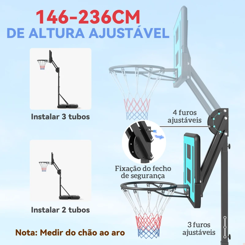 SPORTNOW Tabela de Basquetebol Ajustável de 146-236 cm Portátil com Rodas e Base Preenchível com Água ou Areia 71x45x146-236 cm Preto