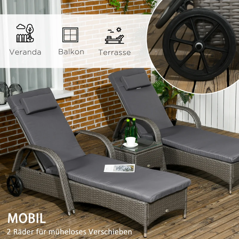 Outsunny Sonnenliege Gartenliege Tisch 3er-Set Gartenmöbel, Polyrattan+Metall Grau+Dunkelgrau