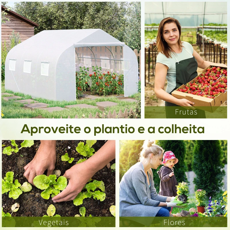 Outsunny Estufa Tipo Túnel 445x299x200cm com Porta Enrolável 6 Janelas Estufa para Cultivo de Plantas Verduras Branco