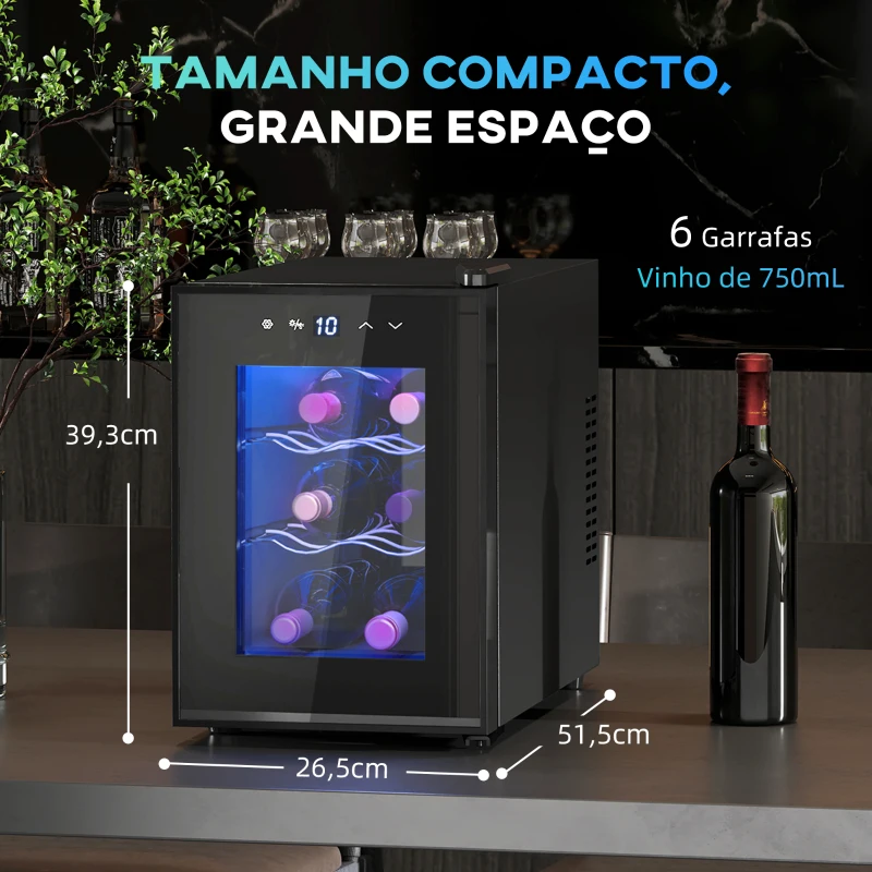 HOMCOM Cave de Vinho para 6 Garrafas com Luz LED Ecrã Tátil Controlo de Temperatura e 2 Prateleiras Ajustáveis 26,5x51,5x39,3 cm Preto